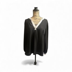 INC International Concepts Black Blouse with White Trim